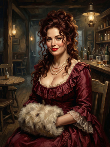 Historisches Ölgemälde von Amélie Peluche aus dem 19. Jahrhundert. Eine selbstbewusste Frau mit rotbraunem Haar, weinrotem Kleid mit tiefem Ausschnitt und Perlenkette wärmt ihre Hände in einem flauschigen Muff. Im Hintergrund eine rustikale Hafenkneipe