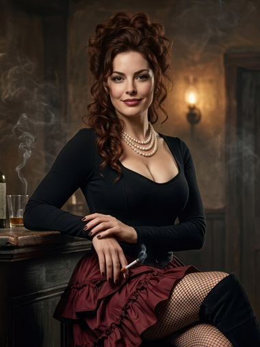 Modernes Porträt von Madame Monique. Eine attraktive, resolute Frau mit Perlenkette, tiefem Ausschnitt, weinrotem Minirock und Netzstrumpfhose sitzt lässig mit einer Zigarette an der Holztheke eines verrauchten Hafen-Pubs.