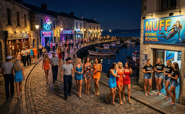 Die belebte Hafenpromenade von Muff in einer warmen Sommernacht. Vor rustikalen Pubs, Etablissements mit Neonreklame und der 'Muff Diving School' flirten Matrosen und Frauen in knappen Partykleidern. Im Hintergrund eine Meerenge mit Fischerbooten.