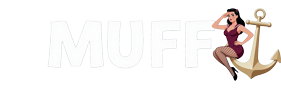 Muff - Logo-Banner der Stadt Muff. Daneben sitzt eine attraktive Pin-Up-Matrosin in knappen Outfit und Netzstrumpfhosen auf einem Schiffsanker, salutiert und zwinkert